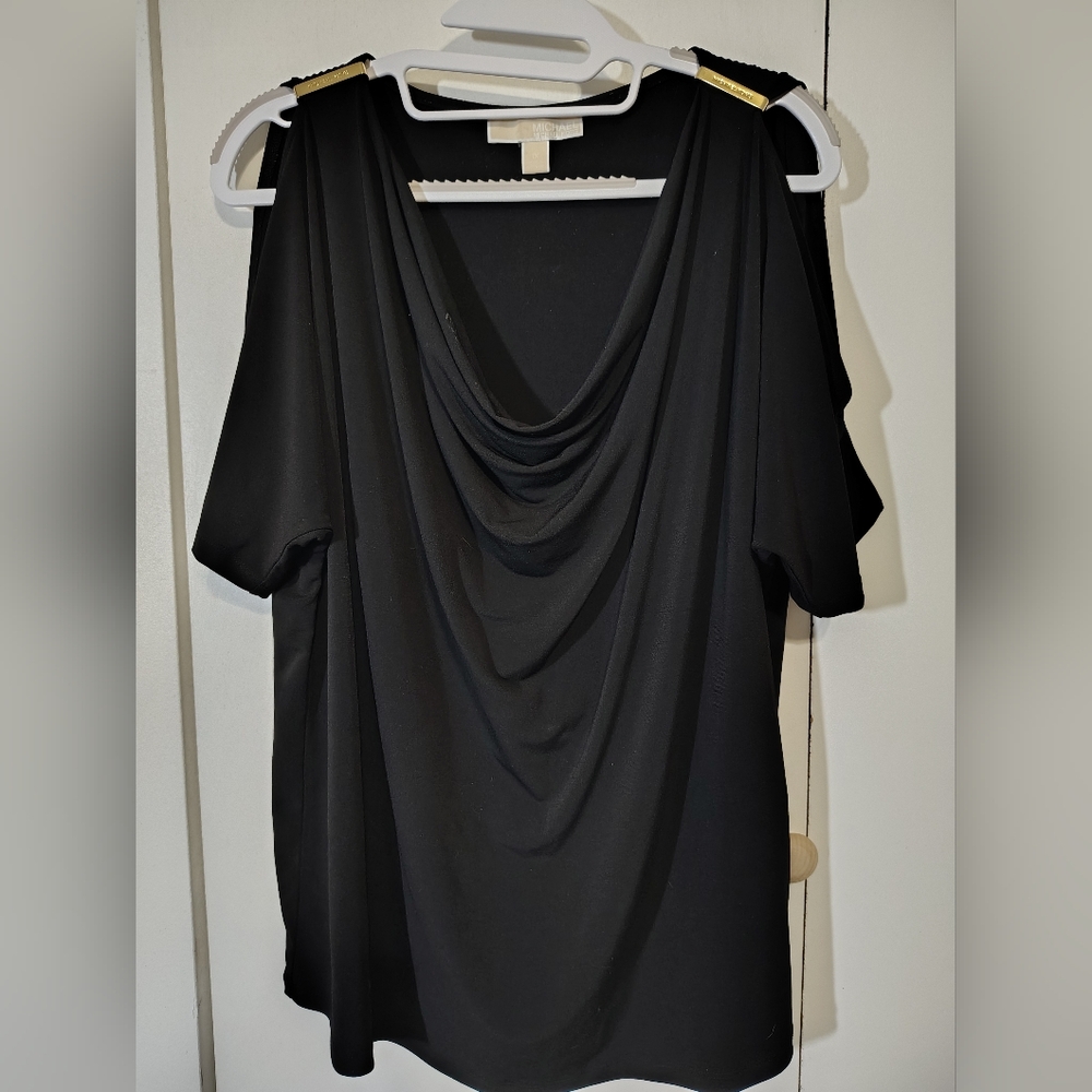 Michael Kors Black Draped Blouse with Gold Accents